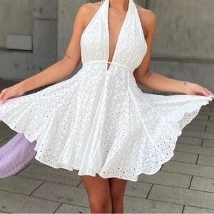 Zara White Plunge Neck Backless Sundress